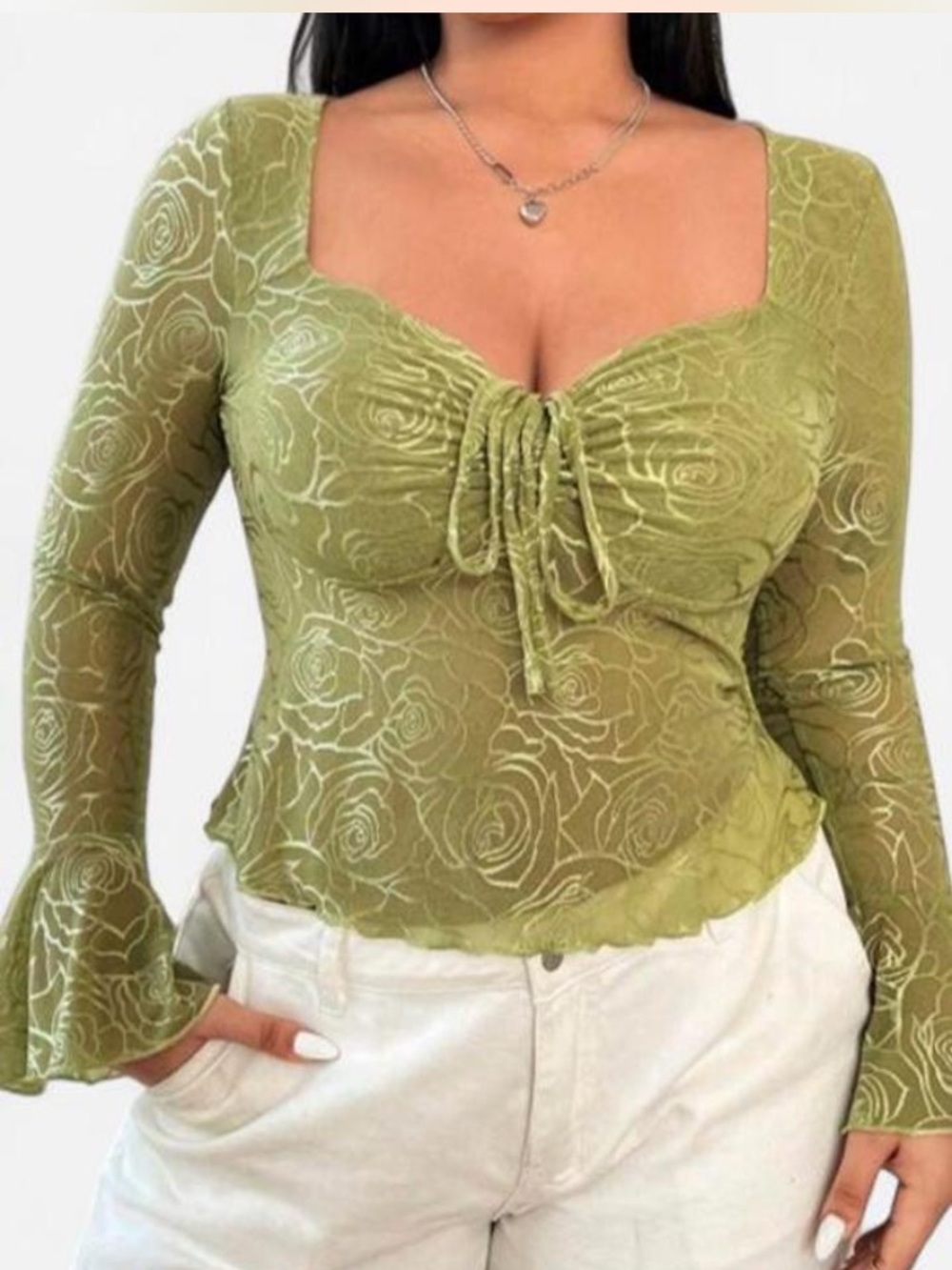 Vintage Y2K vibes Olive Green Floral Mesh Tie-Front Long Sleeve Top